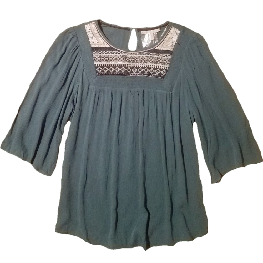 Pale Sky boho teal embroidered 3/4 sleeve top